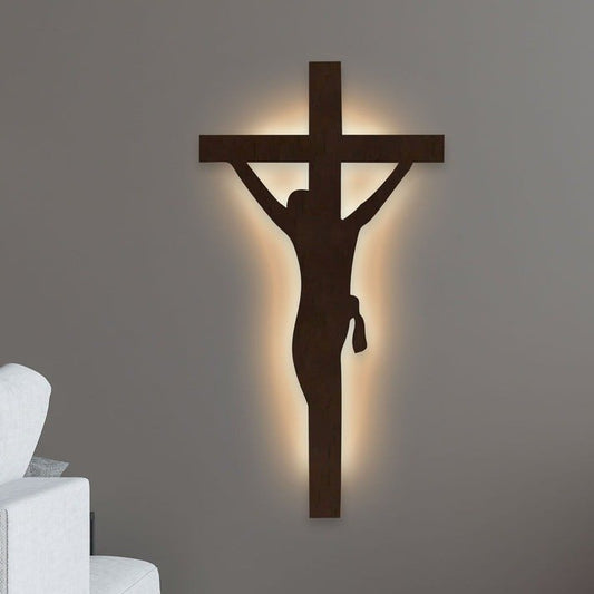 Jesus Crosses Backlit Wooden Wall Hanging with LED Night Light Walnut Finish - Decor Smart