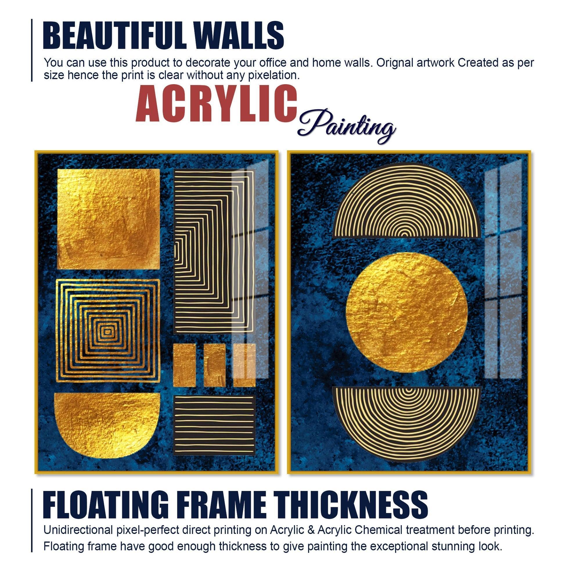 Line Art Golden Shapes Acrylic Floating Wall Painting Set Of 2 - Decor Smart