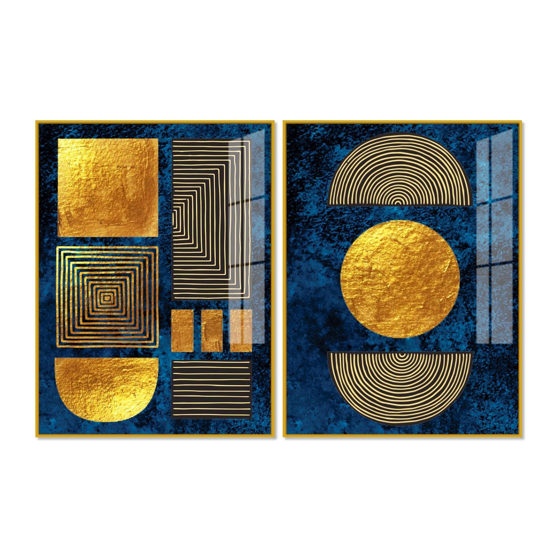 Line Art Golden Shapes Acrylic Floating Wall Painting Set Of 2 - Decor Smart