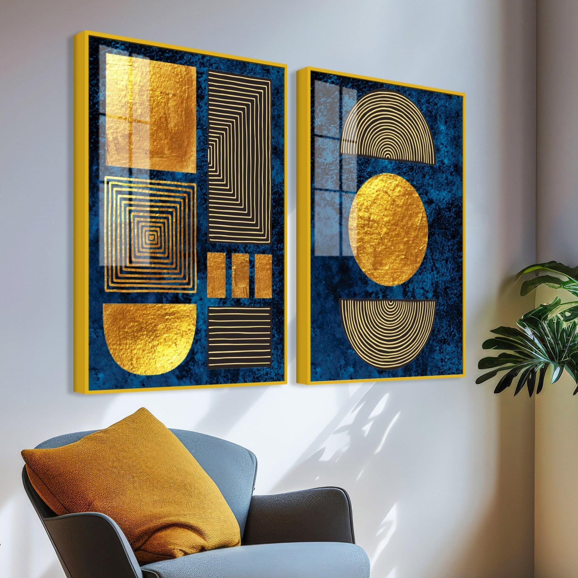 Line Art Golden Shapes Acrylic Floating Wall Painting Set Of 2 - Decor Smart