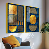 Line Art Golden Shapes Acrylic Floating Wall Painting Set Of 2 - Decor Smart