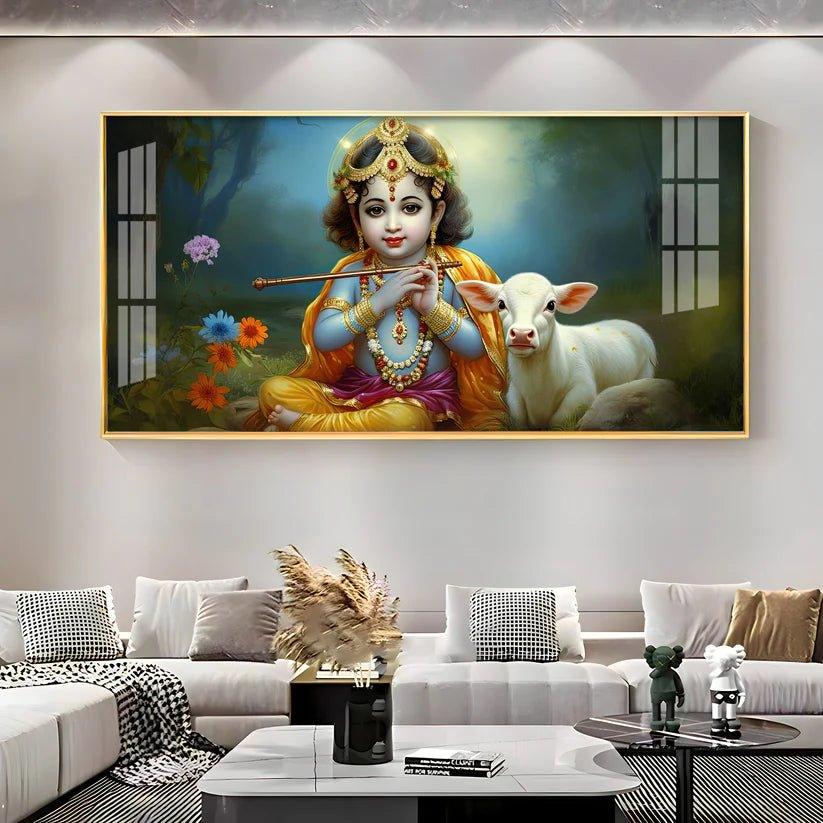 Little Krishna with Bansuri & Cow Premium Acrylic Floating Wall Painting - Decor Smart