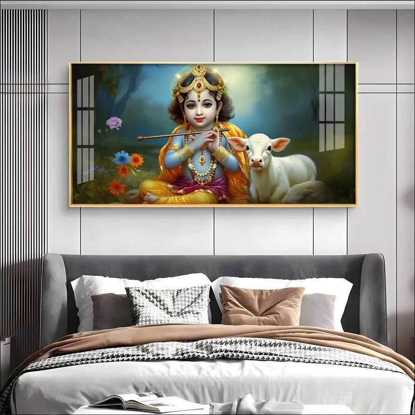 Little Krishna with Bansuri & Cow Premium Acrylic Floating Wall Painting - Decor Smart