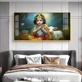 Little Krishna with Bansuri & Cow Premium Acrylic Floating Wall Painting - Decor Smart