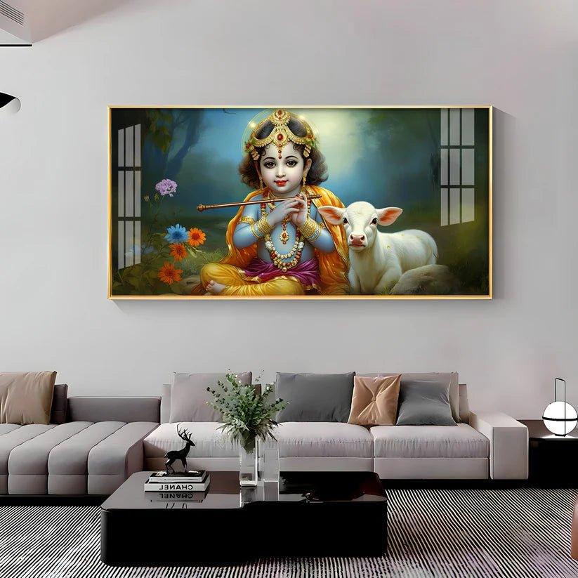 Little Krishna with Bansuri & Cow Premium Acrylic Floating Wall Painting - Decor Smart