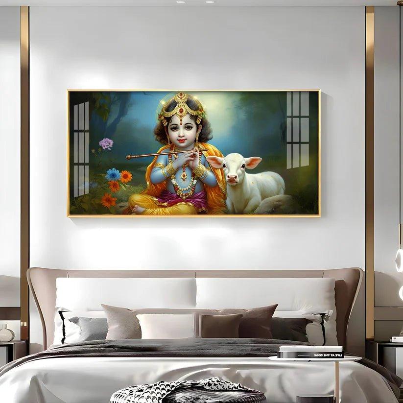 Little Krishna with Bansuri & Cow Premium Acrylic Floating Wall Painting - Decor Smart