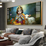 Little Krishna with Bansuri & Cow Premium Acrylic Floating Wall Painting - Decor Smart