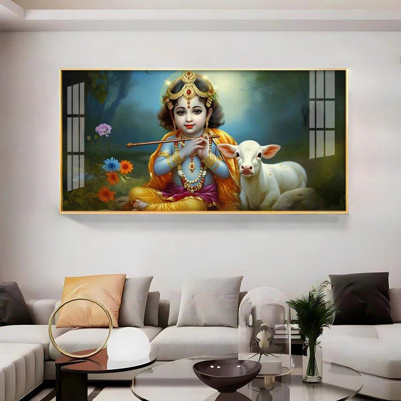 Little Krishna with Bansuri & Cow Premium Acrylic Floating Wall Painting - Decor Smart