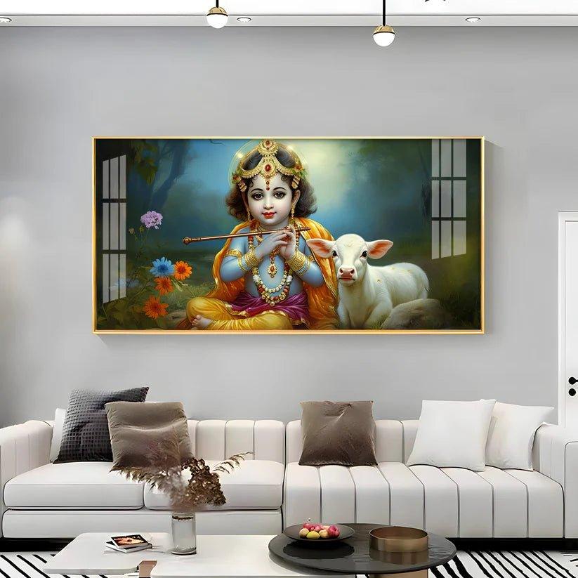 Little Krishna with Bansuri & Cow Premium Acrylic Floating Wall Painting - Decor Smart