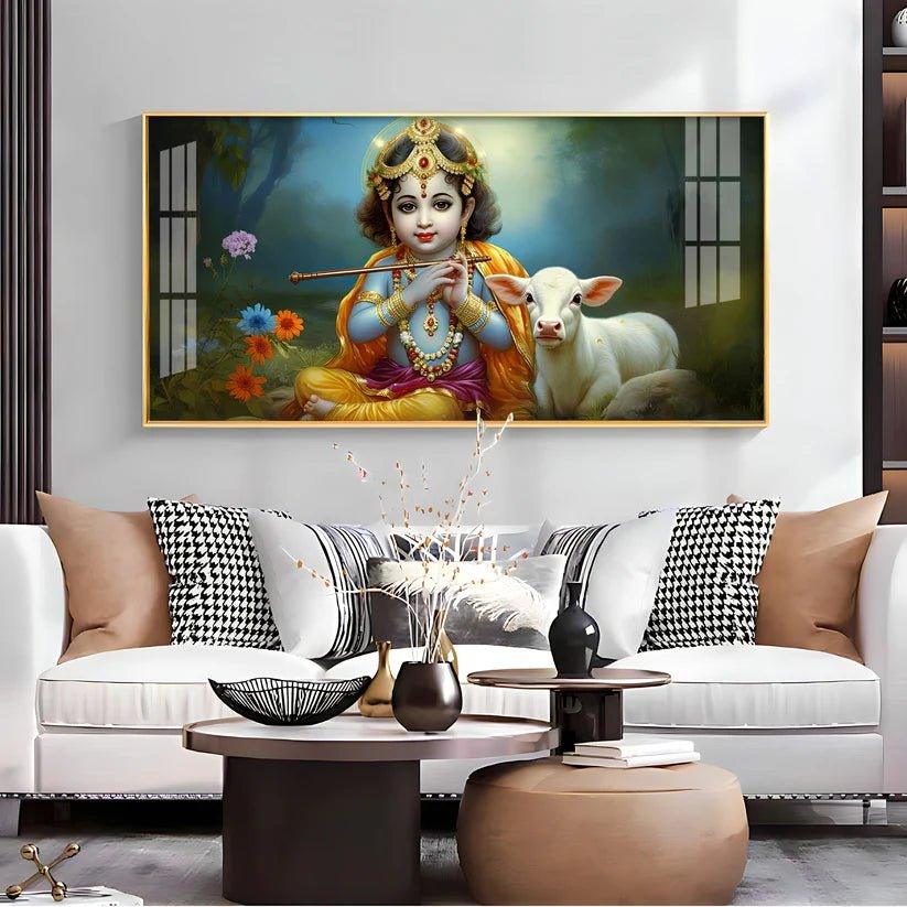 Little Krishna with Bansuri & Cow Premium Acrylic Floating Wall Painting - Decor Smart