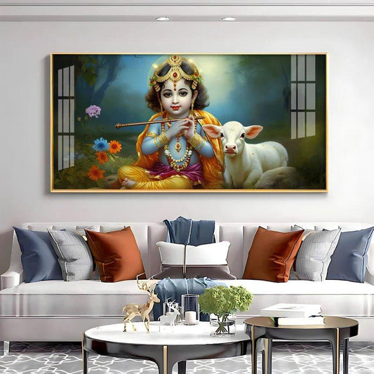Little Krishna with Bansuri & Cow Premium Acrylic Floating Wall Painting - Decor Smart