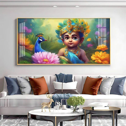 Little Krishna with Peacock Premium Acrylic Floating Wall Painting - Decor Smart