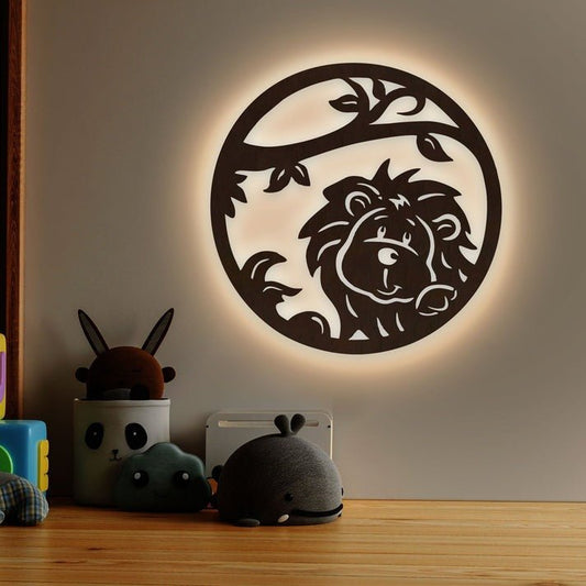 Little Lion Art Backlit Wooden Wall Decor with LED Night Light Walnut Finish - Decor Smart