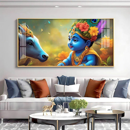 Little Lord Krishna & Cow Smiling Premium Acrylic Floating Wall Painting - Decor Smart
