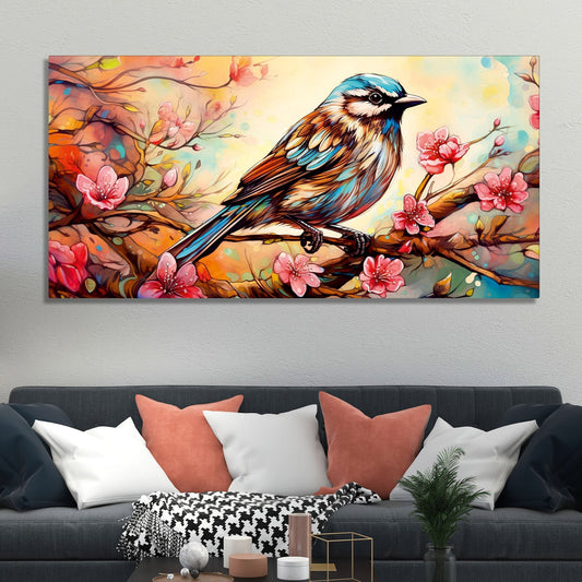 Little Sparrow with bright colored Flower Canvas Wall Painting - Decor Smart