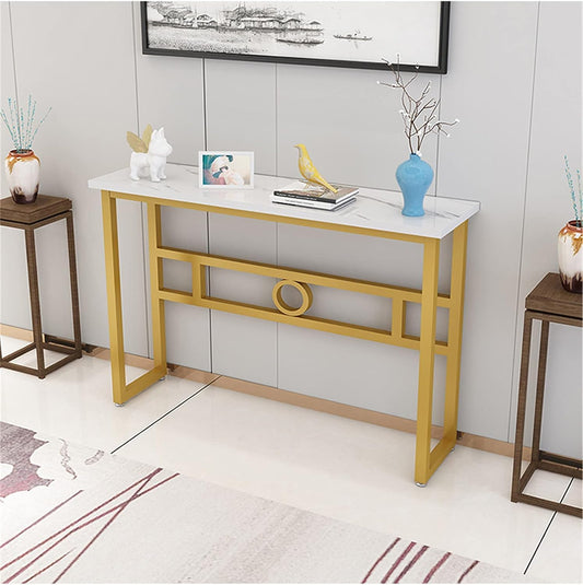 Long Narrow White Gold Marble Console Table - Decor Smart