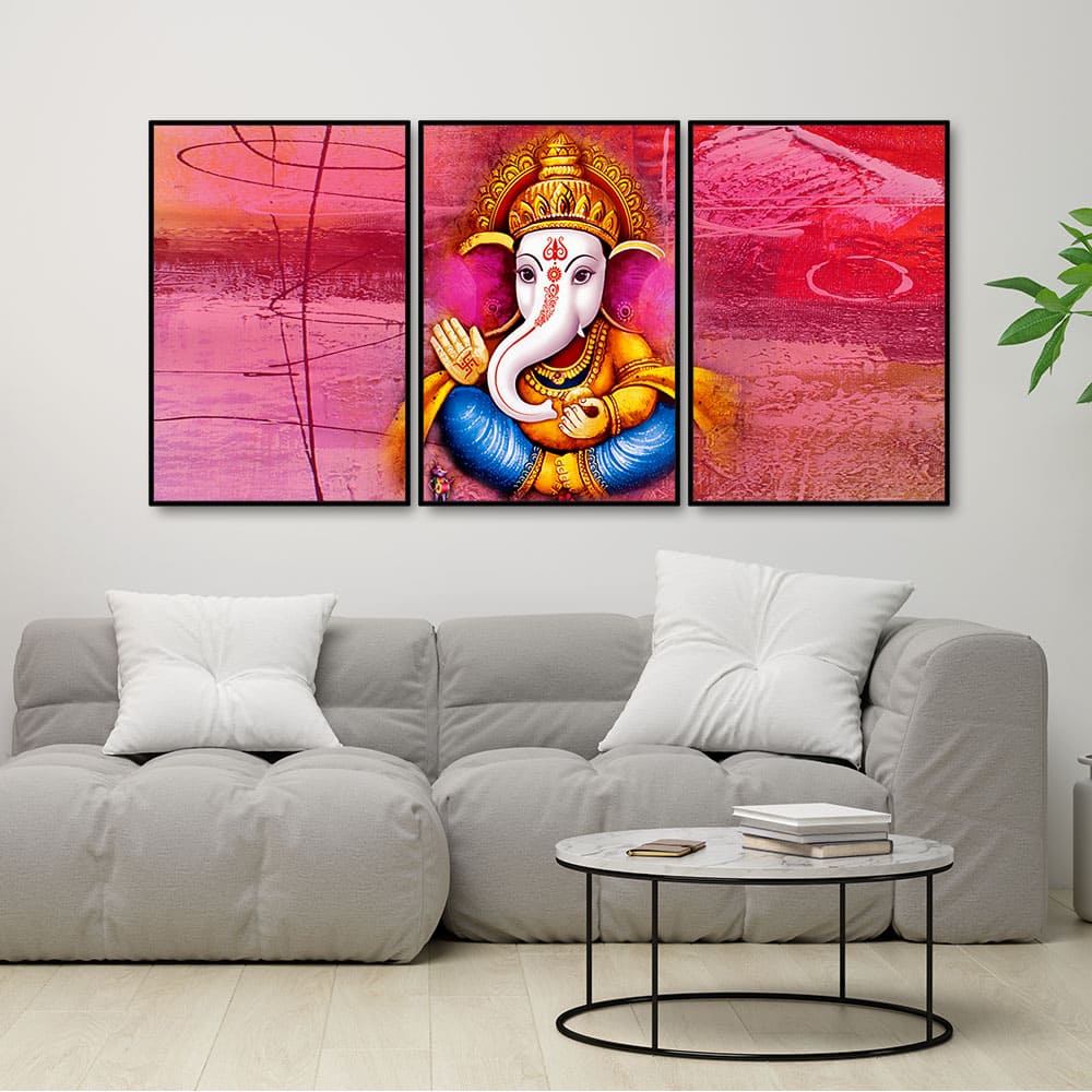 Lord Ganesha Abstract Art Floating Canvas Wall Painting Set of Three - Decor Smart