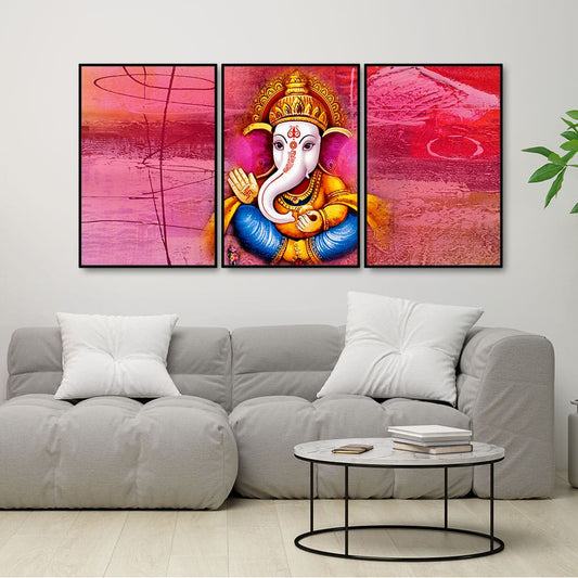 Lord Ganesha Abstract Art Floating Canvas Wall Painting Set of Three - Decor Smart