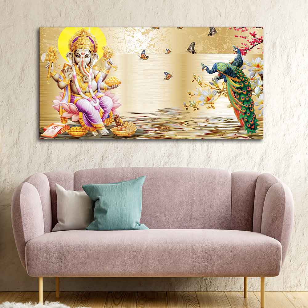 Lord Ganesha and Peacocks Canvas Wall Painting - Decor Smart