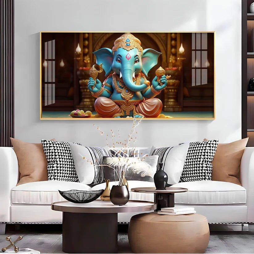 Lord Ganesha Holding Shell Premium Acrylic Floating Wall Painting - Decor Smart