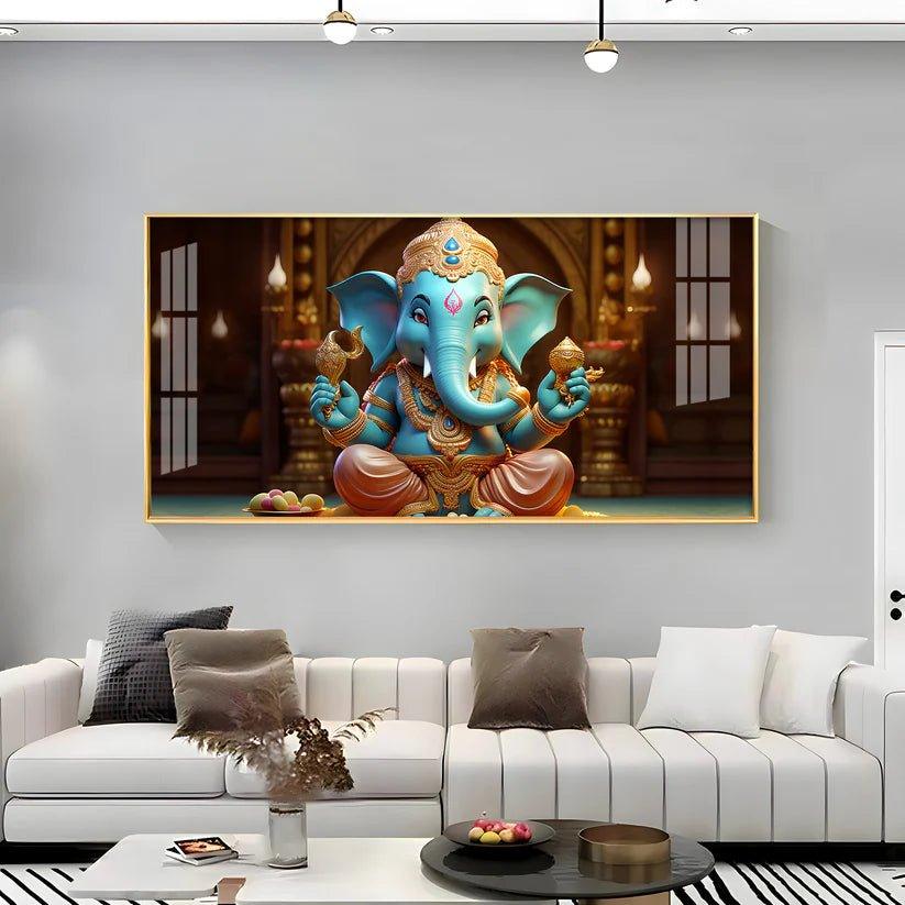 Lord Ganesha Holding Shell Premium Acrylic Floating Wall Painting - Decor Smart