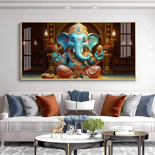 Lord Ganesha Holding Shell Premium Acrylic Floating Wall Painting - Decor Smart