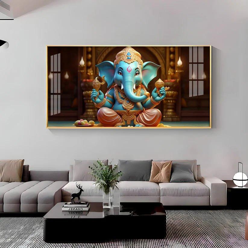 Lord Ganesha Holding Shell Premium Acrylic Floating Wall Painting - Decor Smart