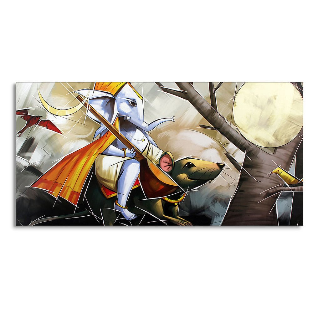 Lord Ganesha Sitting on Mouse Canvas Wall Painting - Decor Smart