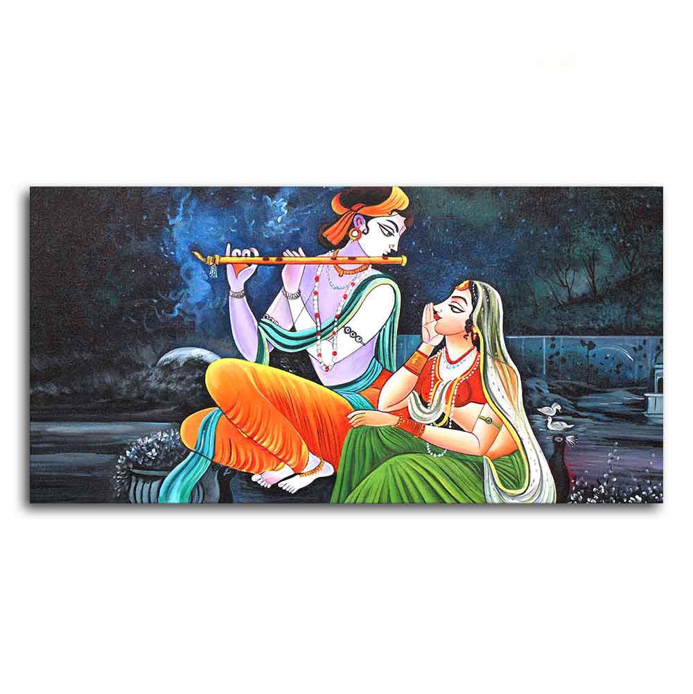 Lord Radha Krishna in Dark Forest Canvas Big Wall Painting Wall Art - Decor Smart