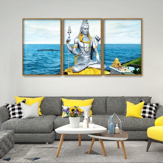 Lord Shiva Statue Floating Canvas Wall Painting Set of Three - Decor Smart