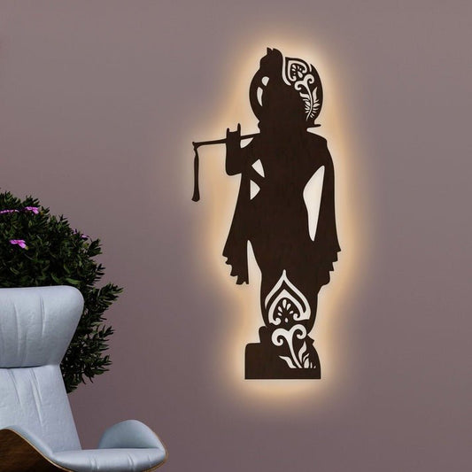 Lord Shree Krishna Backlit Wooden Wall Decor with LED Night Light Walnut Finish - Decor Smart