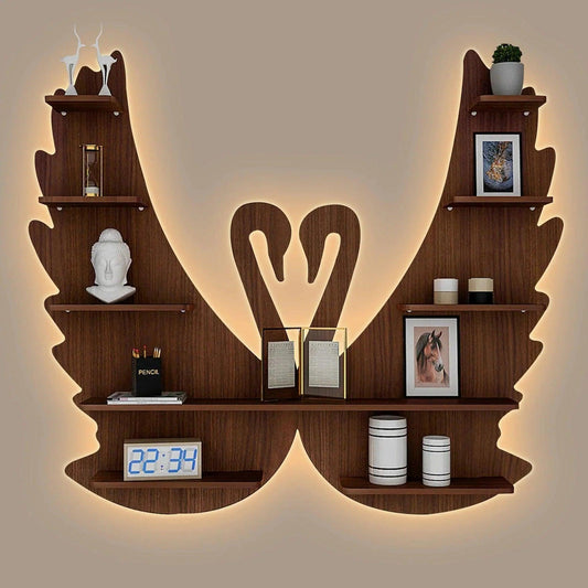 Loving Swan Backlit Designer Wooden Wall Shelf / Book Shelf / Night Light, Walnut Finish - Decor Smart
