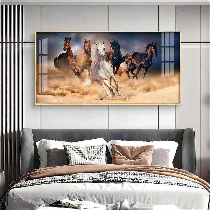 Lucky Running Vastu Horses Premium Acrylic Floating Wall Painting - Decor Smart
