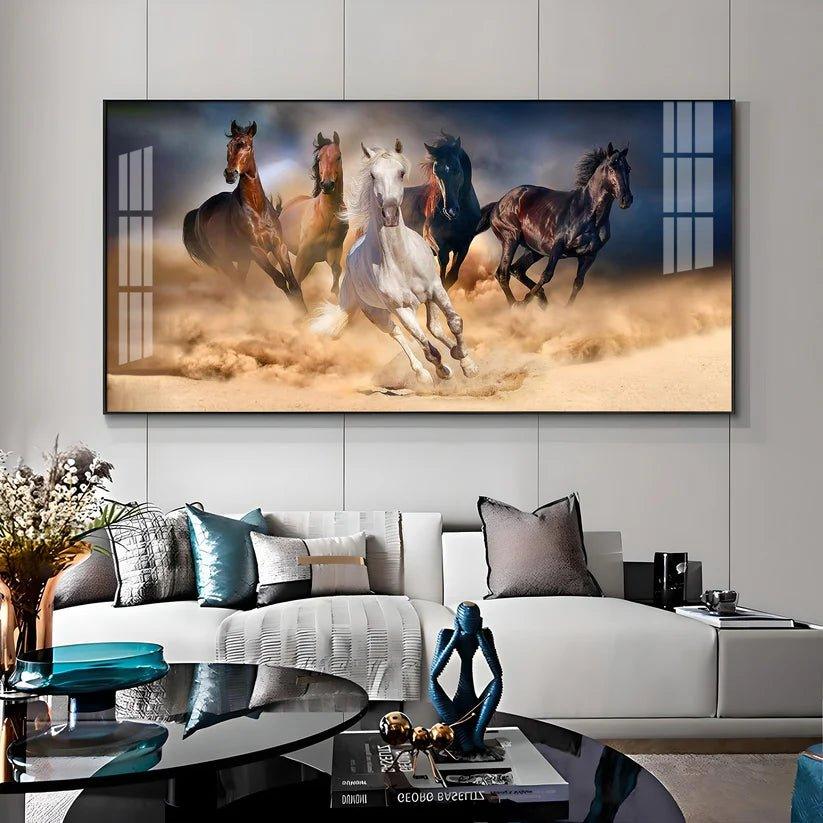 Lucky Running Vastu Horses Premium Acrylic Floating Wall Painting - Decor Smart