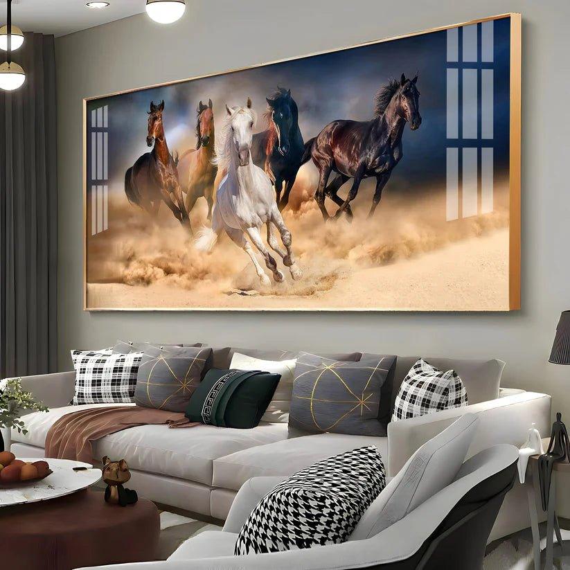 Lucky Running Vastu Horses Premium Acrylic Floating Wall Painting - Decor Smart
