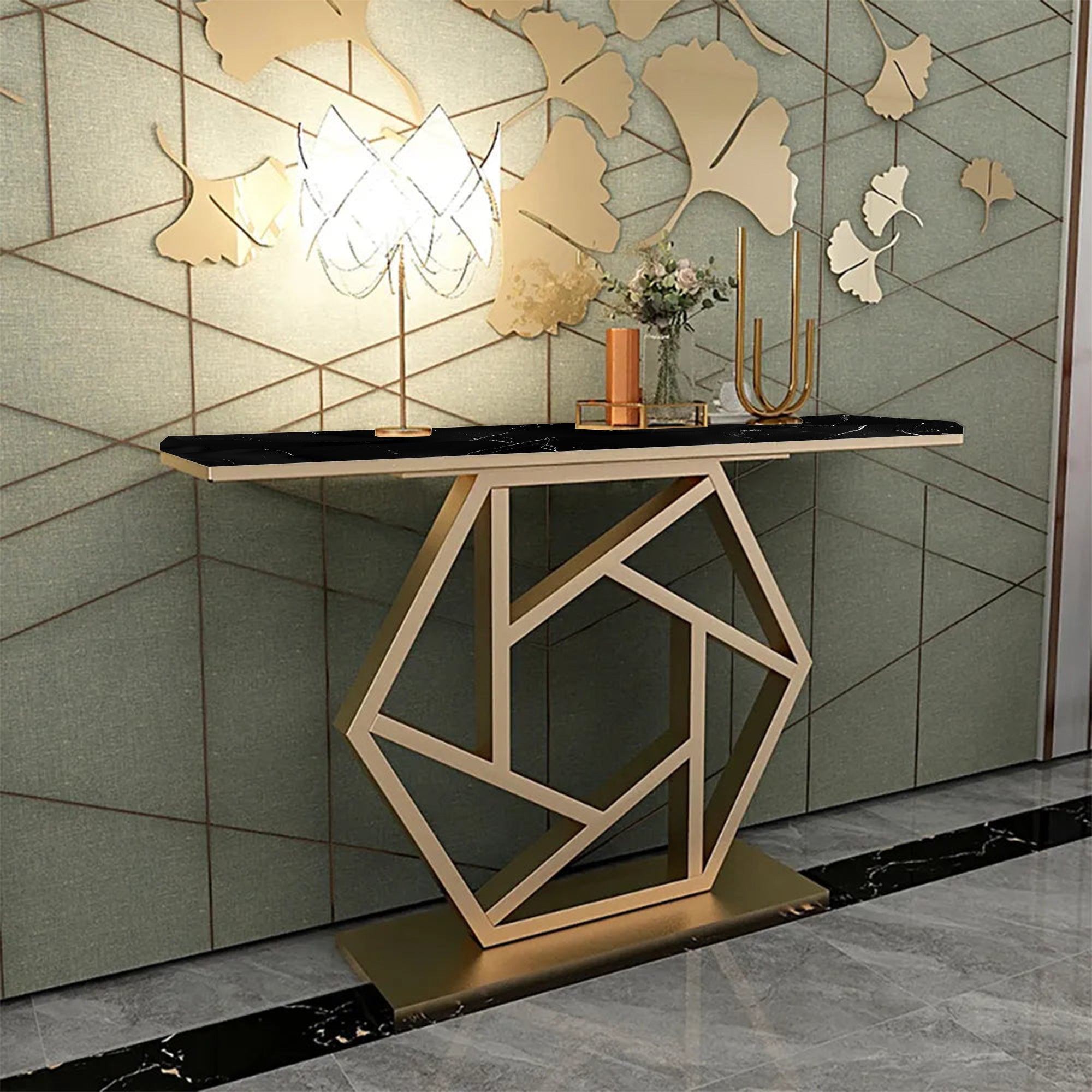 Luxurious Contemporary Console Table In Hexagonal Design with Black Marble - Decor Smart
