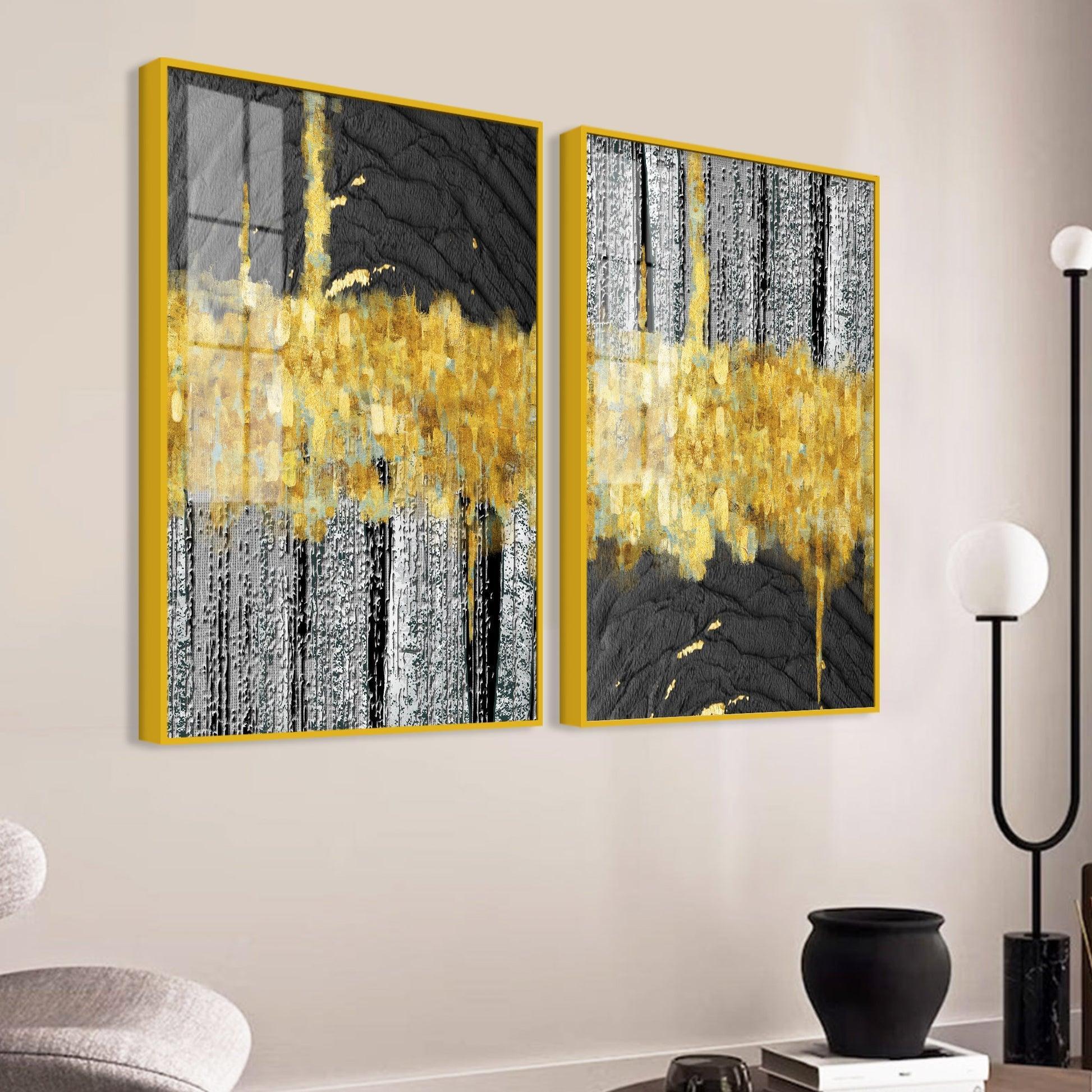 Luxurious Golden Textured Pattern Shapes Acrylic Floating Wall Painting Set Of 2 - Decor Smart