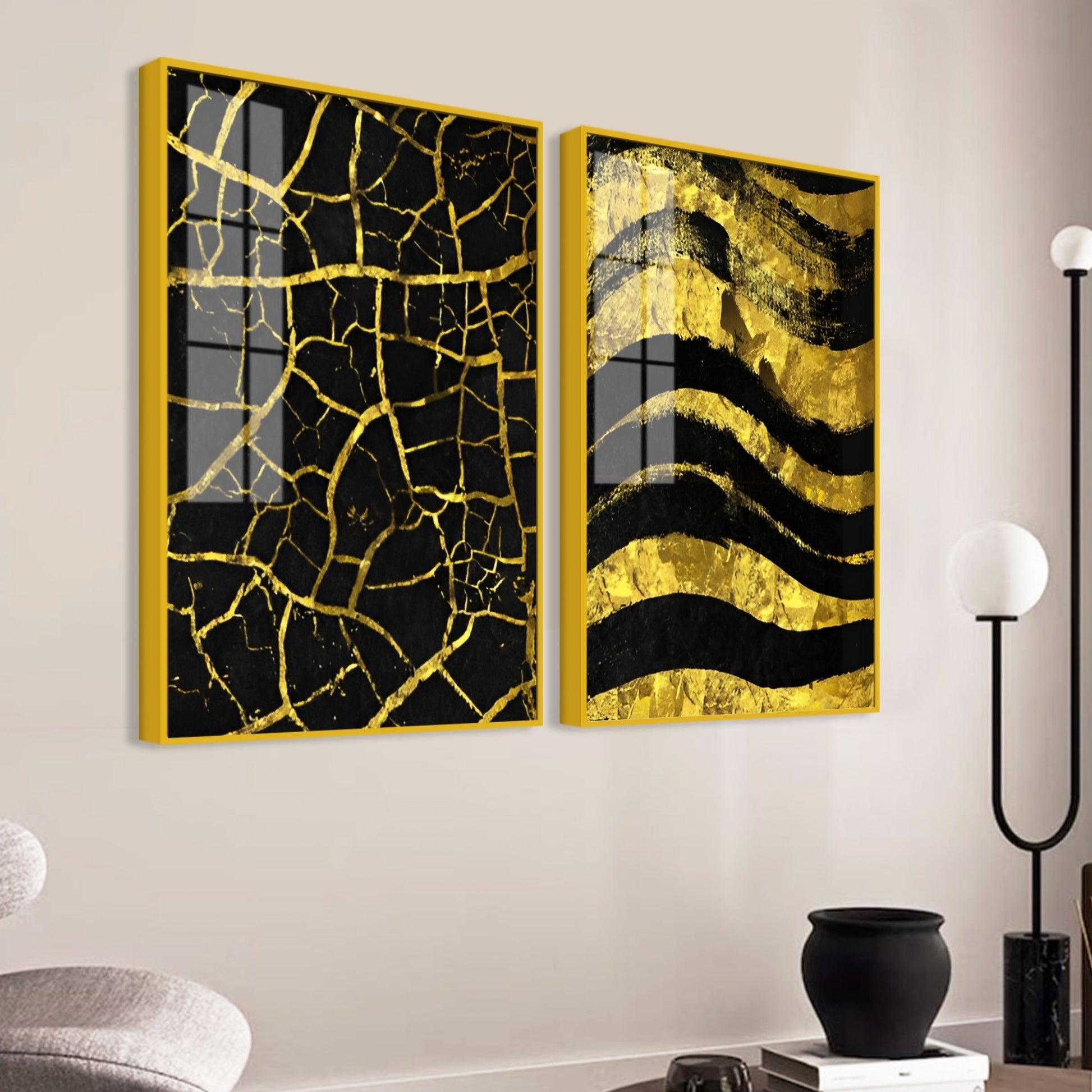Luxury Black and Gold Marble Texture Acrylic Floating Wall Painting Set Of 2 - Decor Smart
