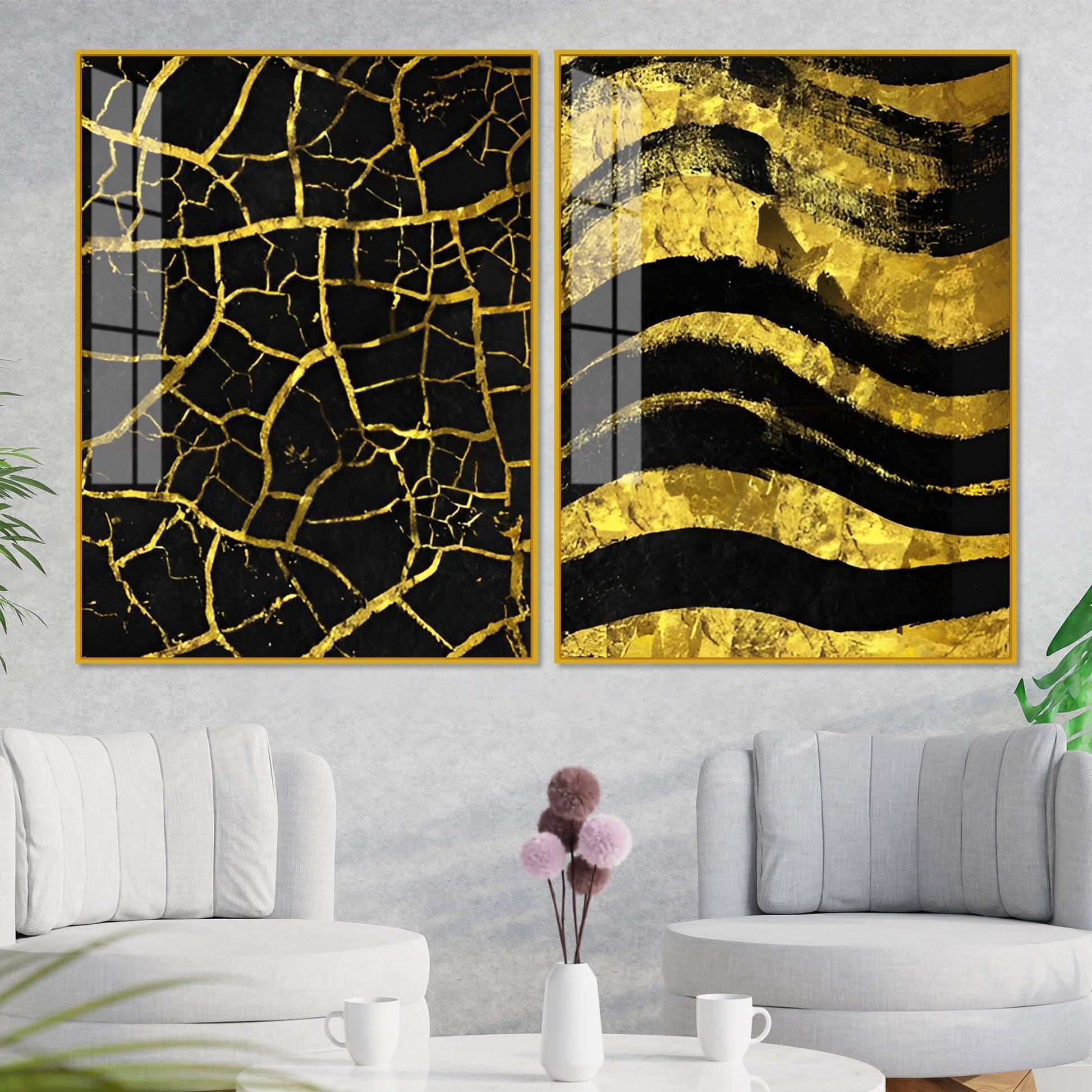 Luxury Black and Gold Marble Texture Acrylic Floating Wall Painting Set Of 2 - Decor Smart