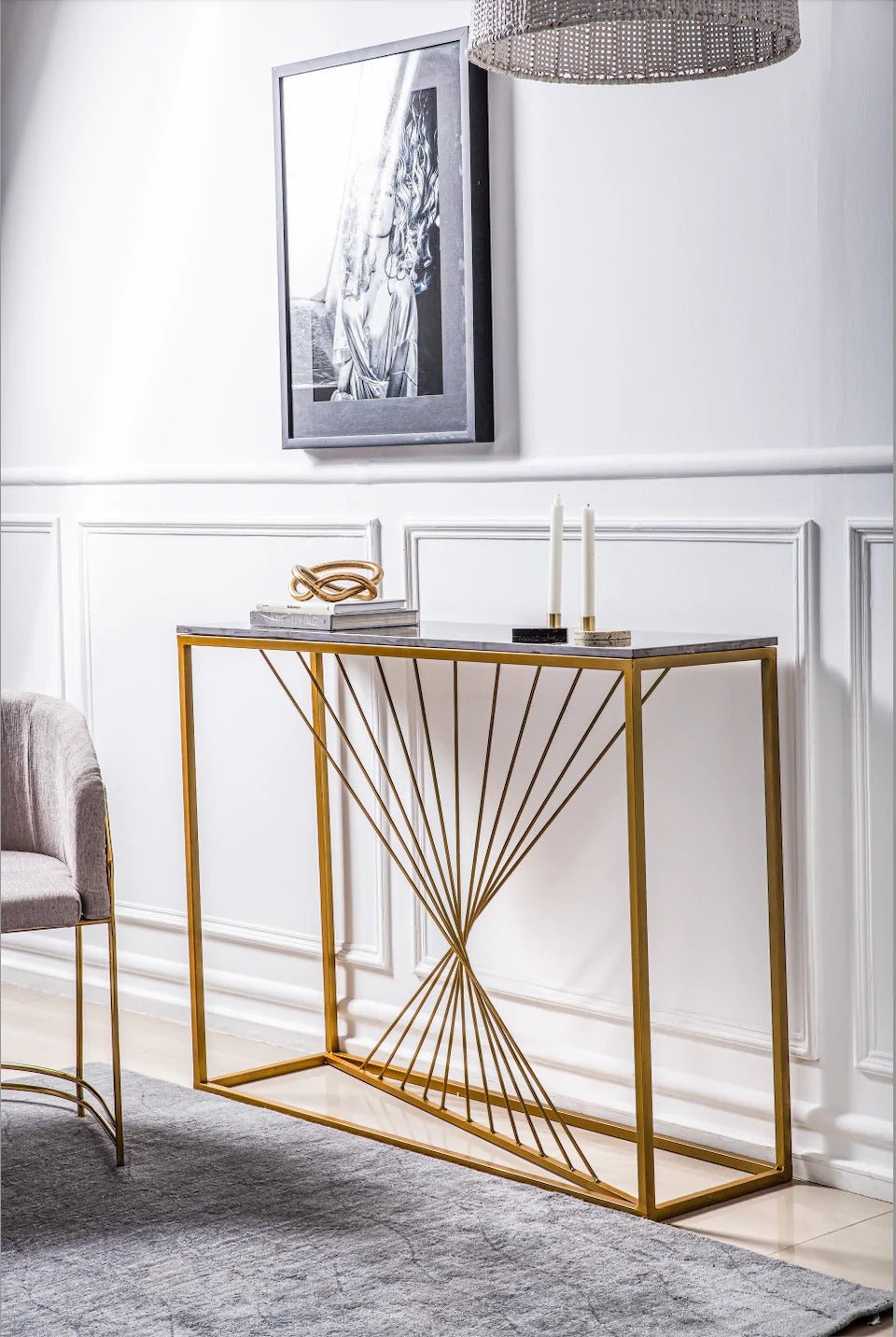 Luxury Marble Wall Console Table In Sleek Golden Rods Design - Decor Smart
