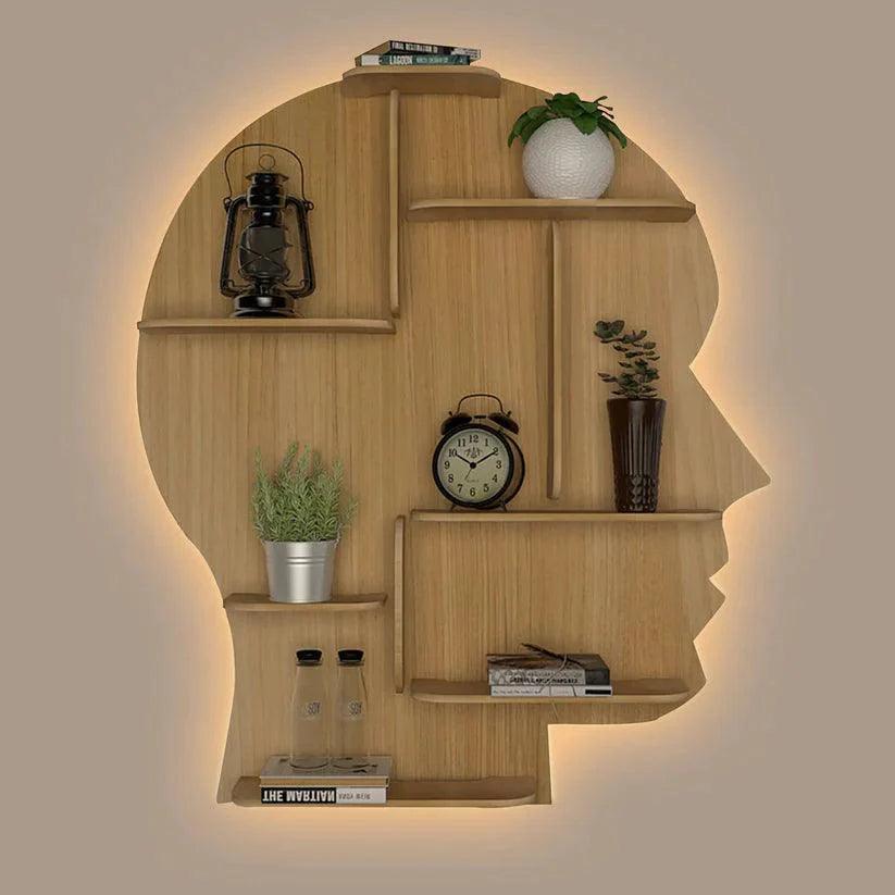 Man Backlit Designer Wooden Wall Shelf / Book Shelf, Light Oak Finish - Decor Smart