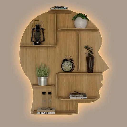 Man Backlit Designer Wooden Wall Shelf / Book Shelf, Light Oak Finish - Decor Smart