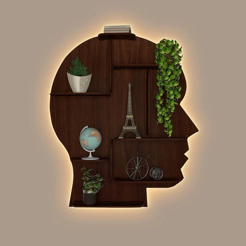 Man Backlit Designer Wooden Wall Shelf / Book Shelf, Walnut Finish - Decor Smart