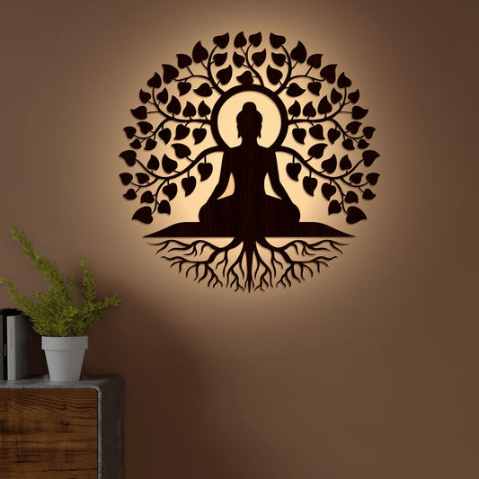 Meditating Lord Buddha Art Backlit Wooden Wall Hanging with LED Night Light Walnut Finish - Decor Smart
