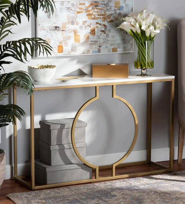 Metallic Ring Console Table with White Marble Table Top - Decor Smart