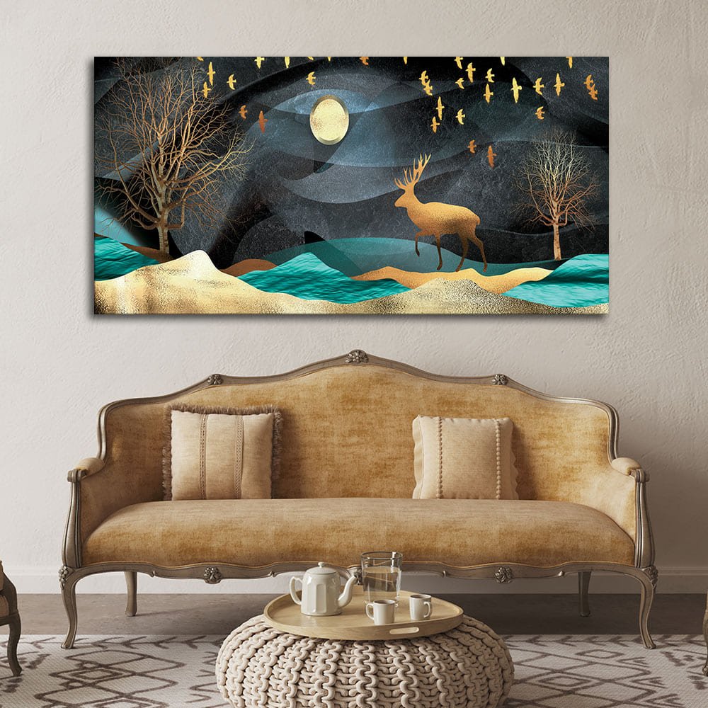 Midnight Golden Deer Scenery Premium Canvas Wall Painting - Decor Smart