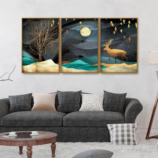 Midnight Golden Deer Scenery Premium Floating Canvas Wall Painting Set of Three - Decor Smart