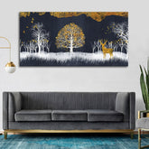 Midnight Golden Deer With Birds Scenery Premium Canvas Wall Painting - Decor Smart