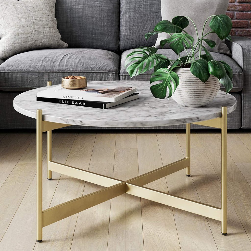 Minimalist Metal Center Table in Criss Cross Matte Finish Gold Base - Decor Smart