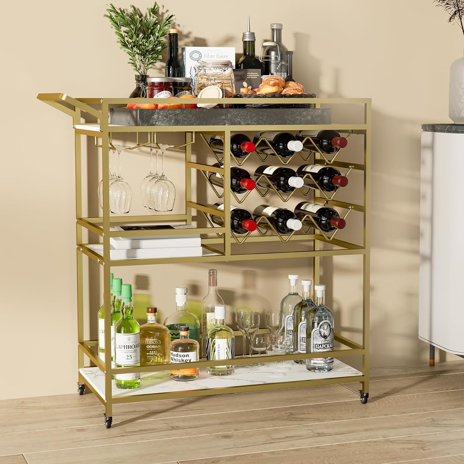 Mirvjena 3 - Tier Metal Bar Cart with Wine Rack and Glass Storage - Decor Smart